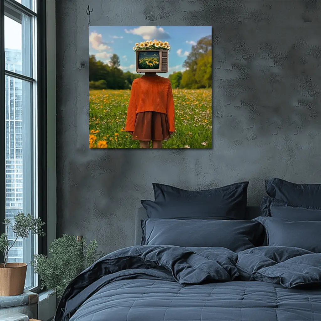 Retro TV Head Girl Wildflower Meadow – Wall Art