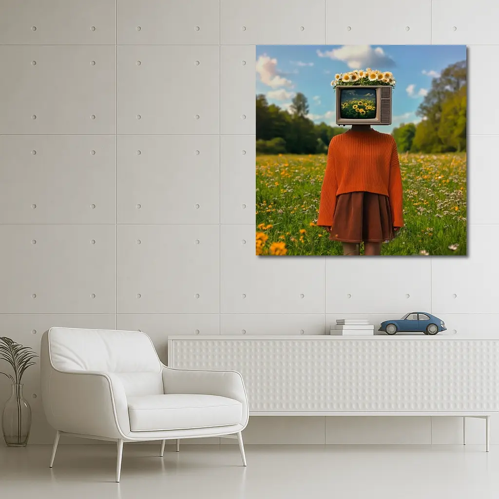 Retro TV Head Girl Wildflower Meadow – Wall Art