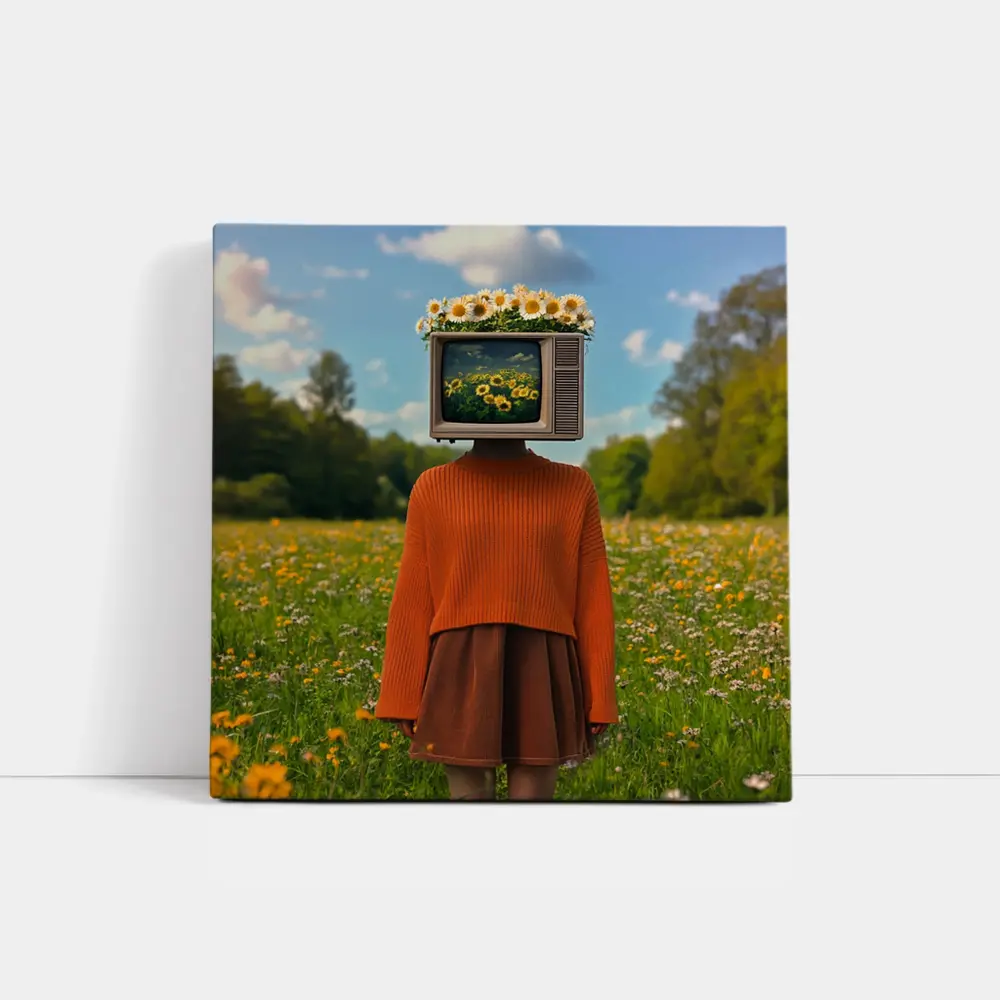 Retro TV Head Girl Wildflower Meadow – Wall Art