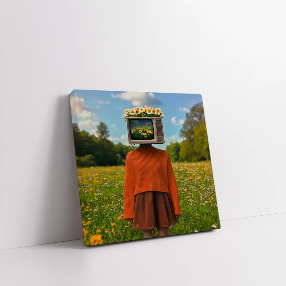 Retro TV Head Girl Wildflower Meadow – Wall Art