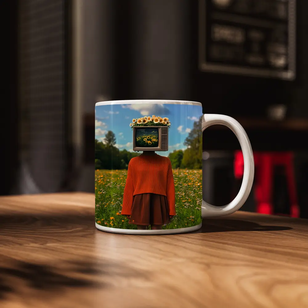 Retro TV Head Girl Wildflower Meadow – Mugs