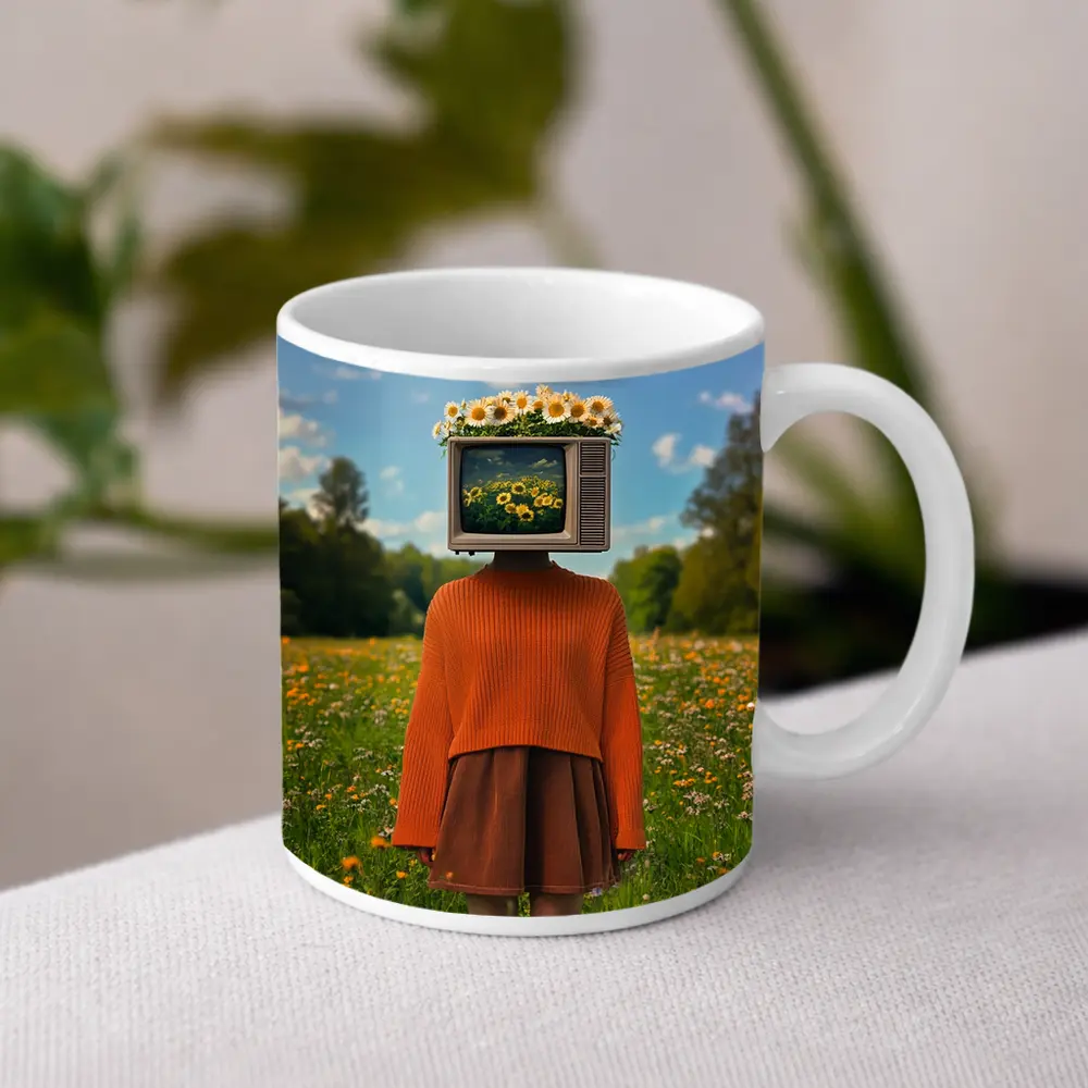 Retro TV Head Girl Wildflower Meadow – Mugs