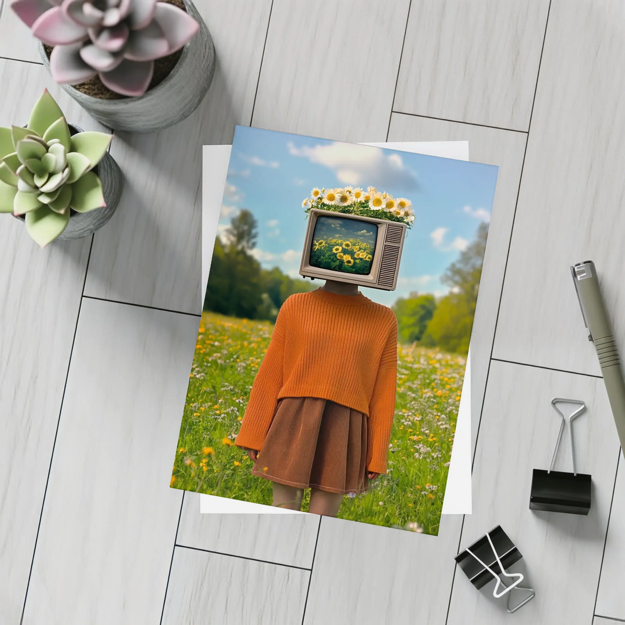 Retro TV Head Girl Wildflower Meadow – Postcards