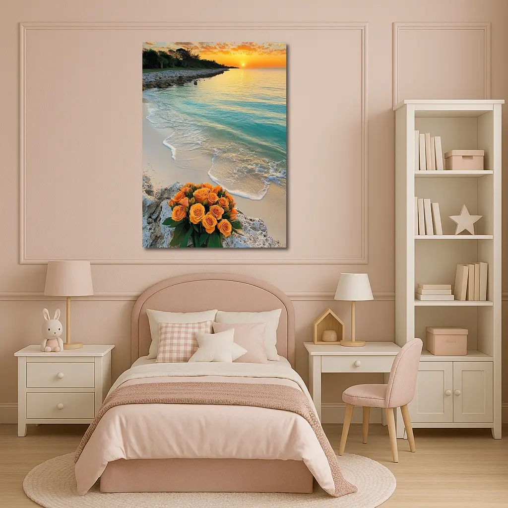 Orange Roses Bouquet Tropical Beach Sunset – Wall Art