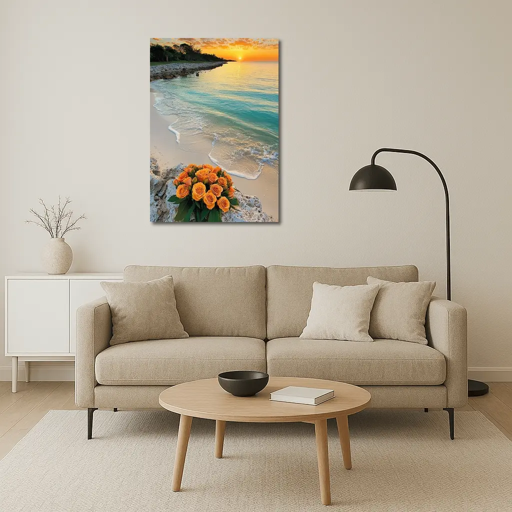 Orange Roses Bouquet Tropical Beach Sunset – Wall Art