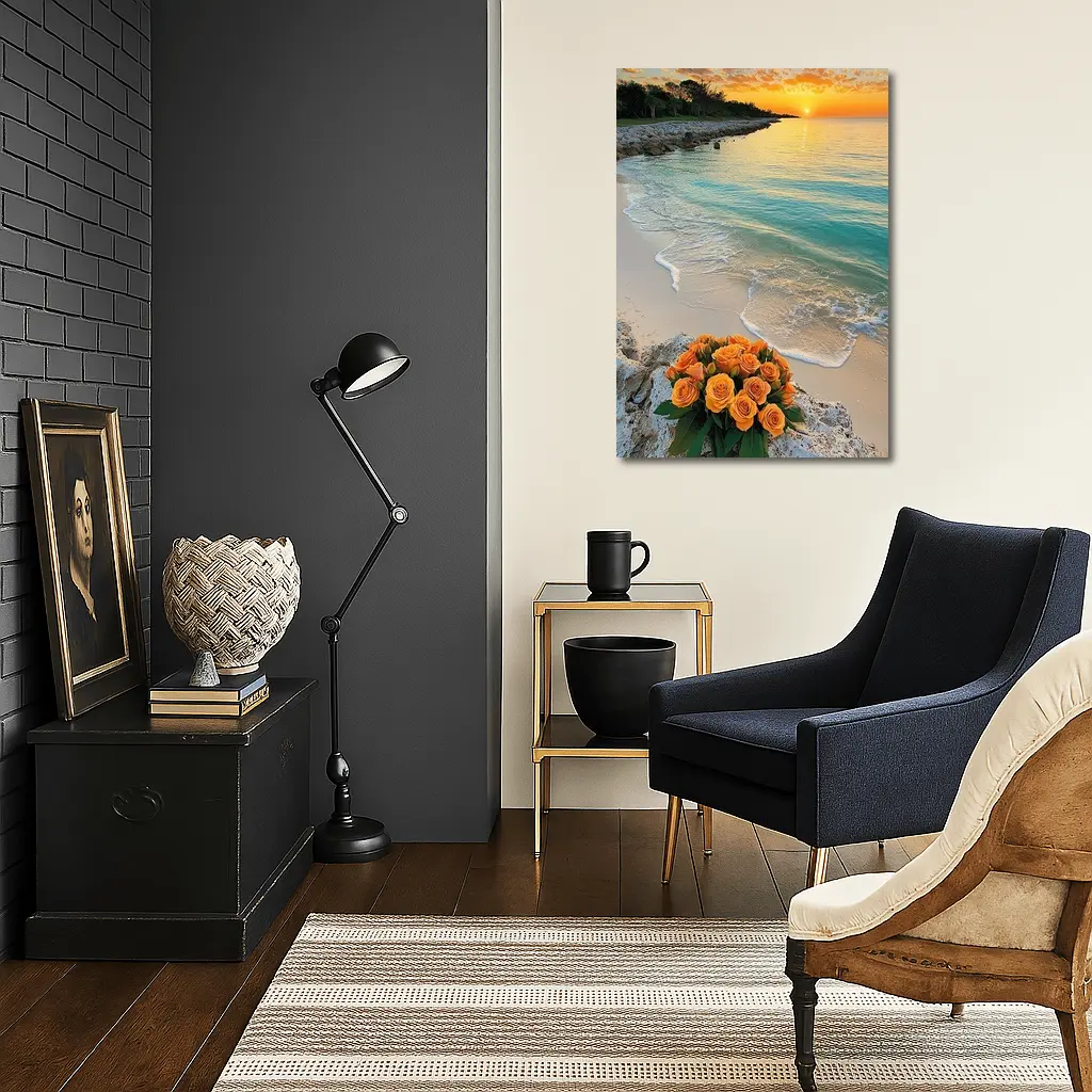 Orange Roses Bouquet Tropical Beach Sunset – Wall Art