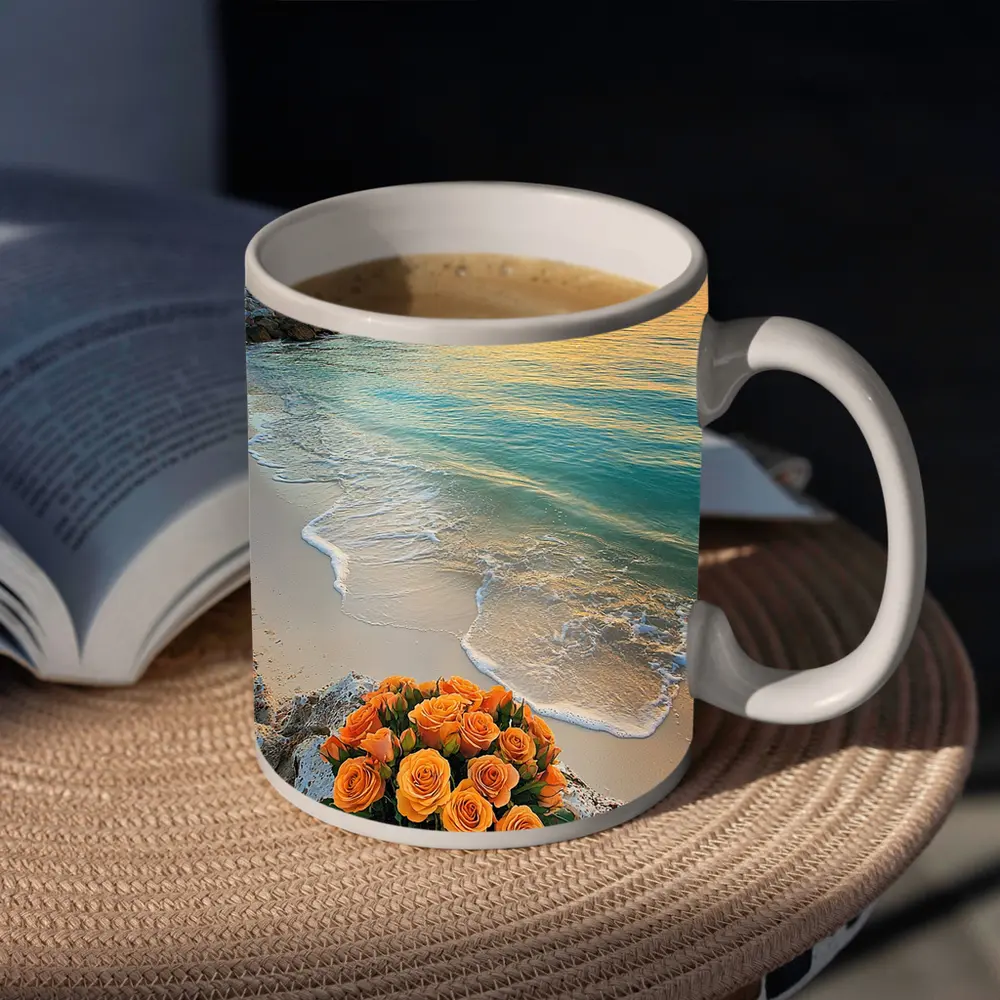 Orange Roses Bouquet Tropical Beach Sunset – Mugs