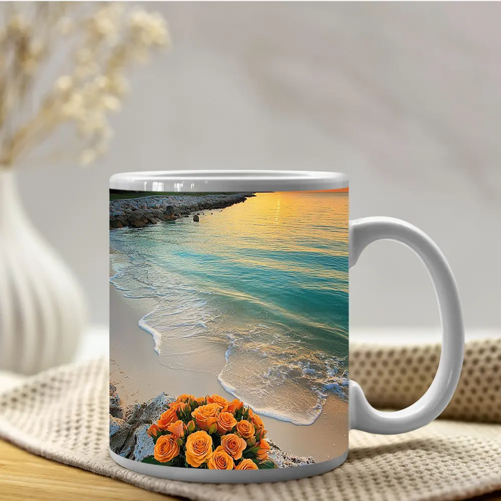 Orange Roses Bouquet Tropical Beach Sunset – Mugs
