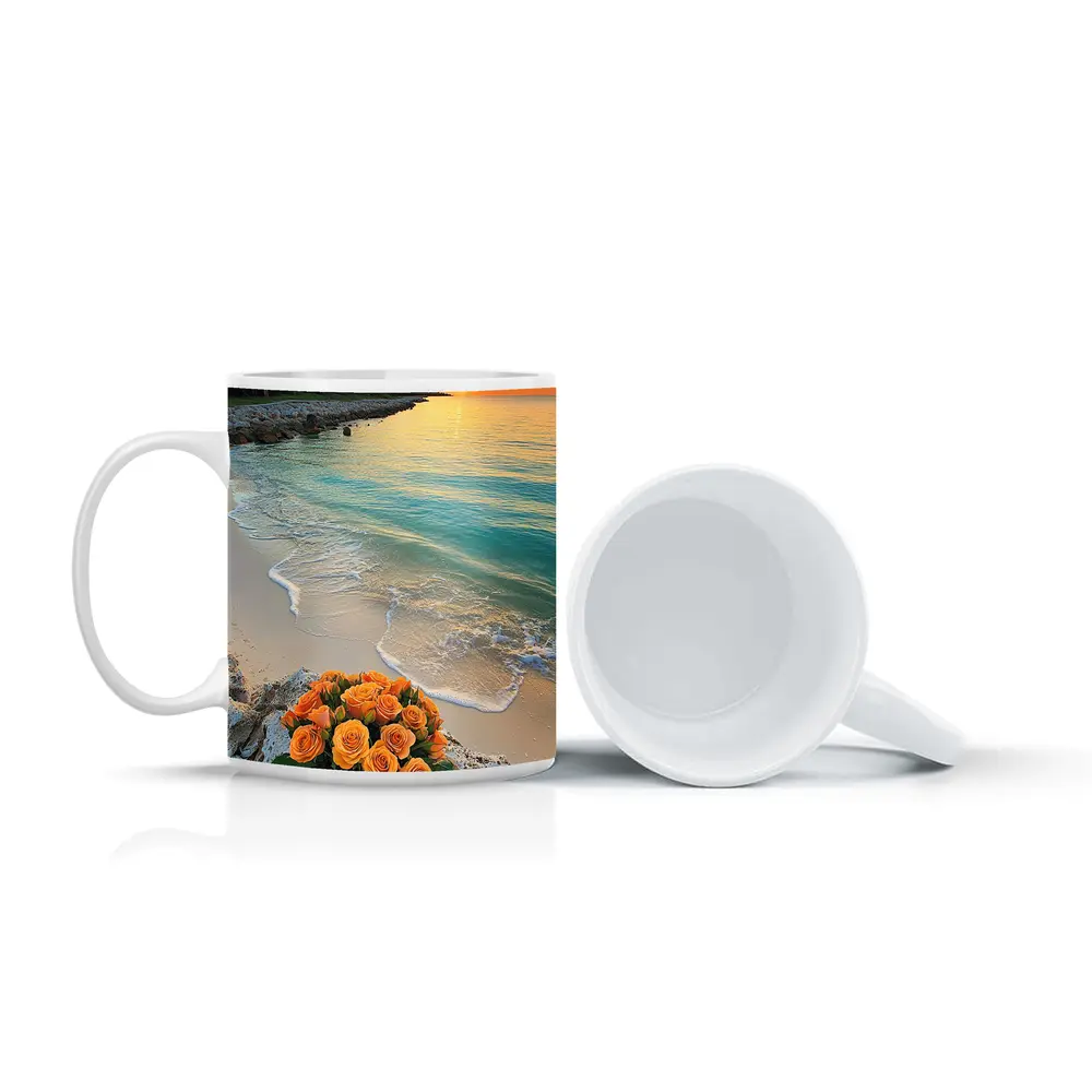 Orange Roses Bouquet Tropical Beach Sunset – Mugs