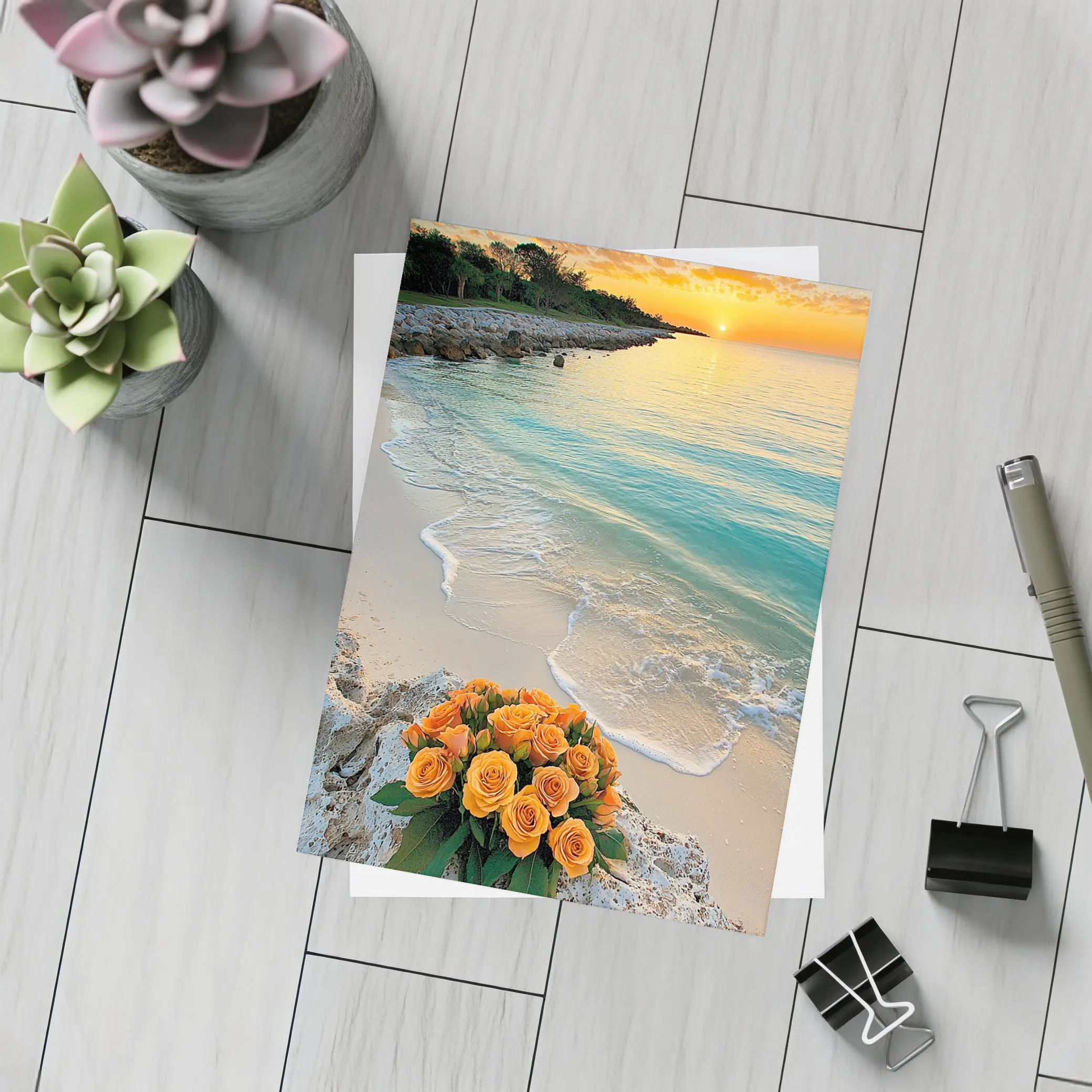 Orange Roses Bouquet Tropical Beach Sunset – Postcards