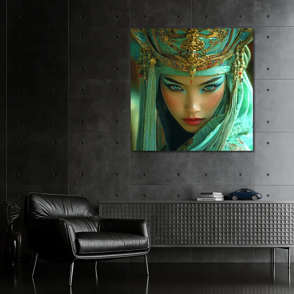 Chinese Opera Warrior Woman Teal Gold – Wall Art