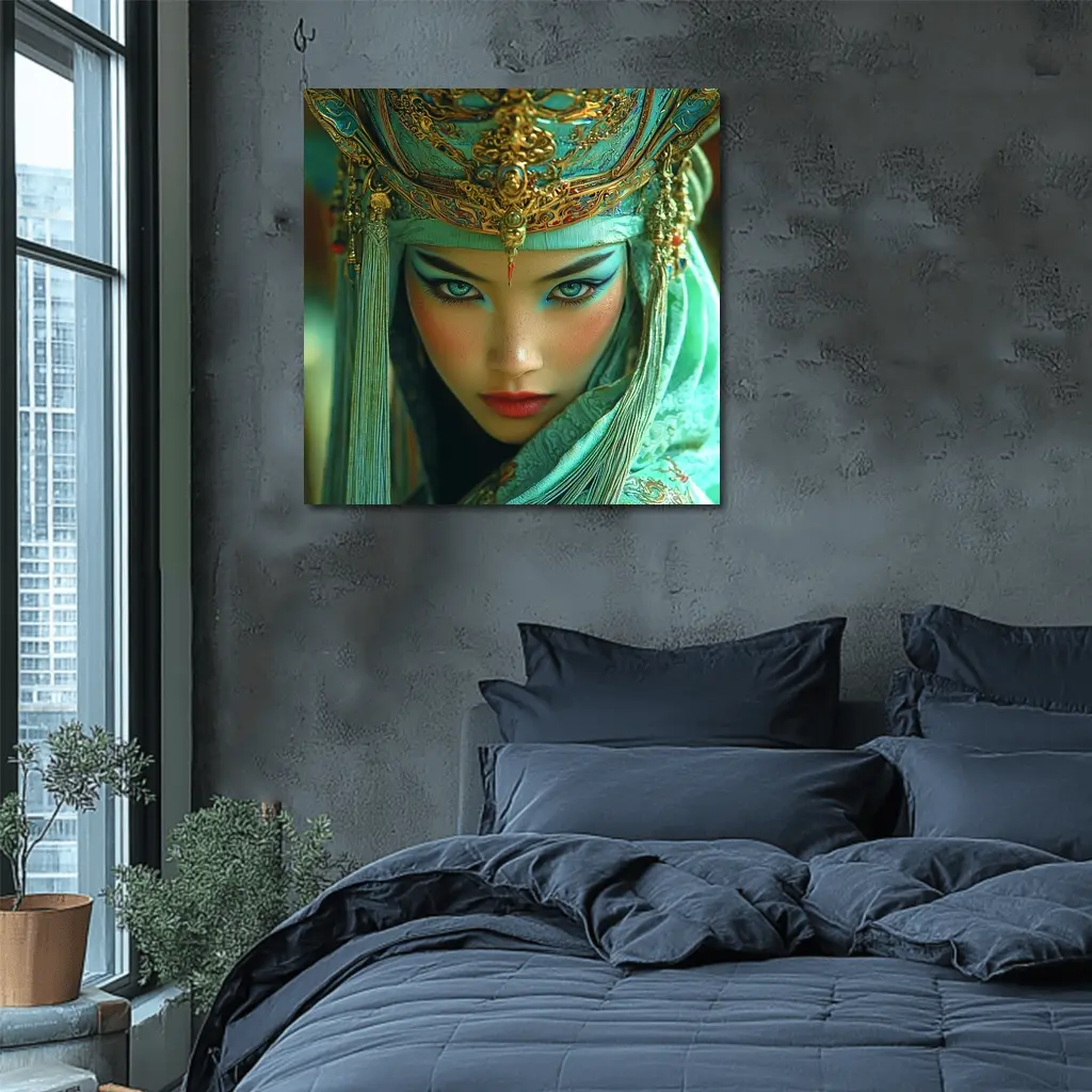 Chinese Opera Warrior Woman Teal Gold – Wall Art