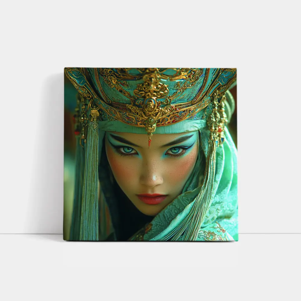 Chinese Opera Warrior Woman Teal Gold – Wall Art