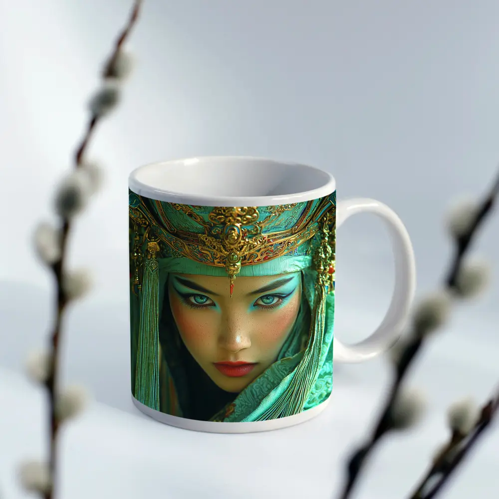 Chinese Opera Warrior Woman Teal Gold – Mugs