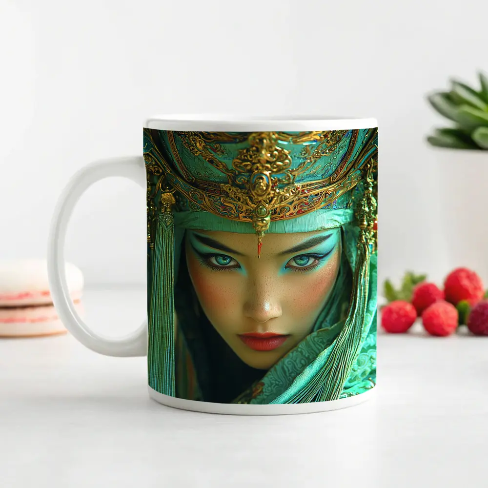 Chinese Opera Warrior Woman Teal Gold – Mugs