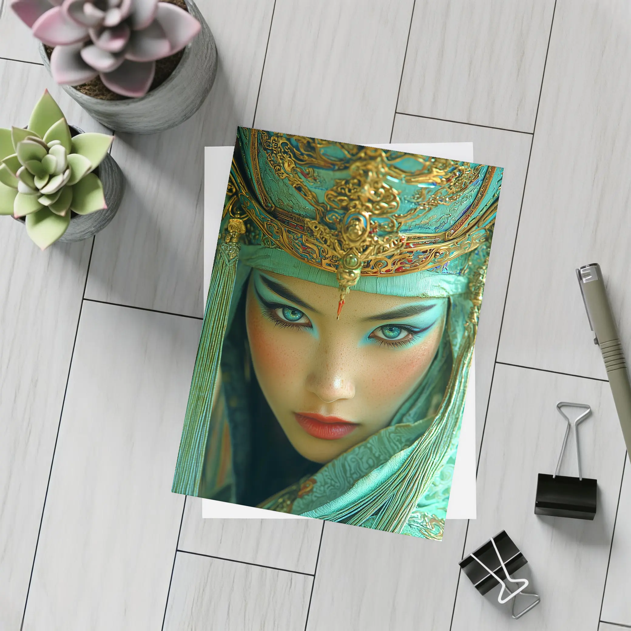 Chinese Opera Warrior Woman Teal Gold – Postcards