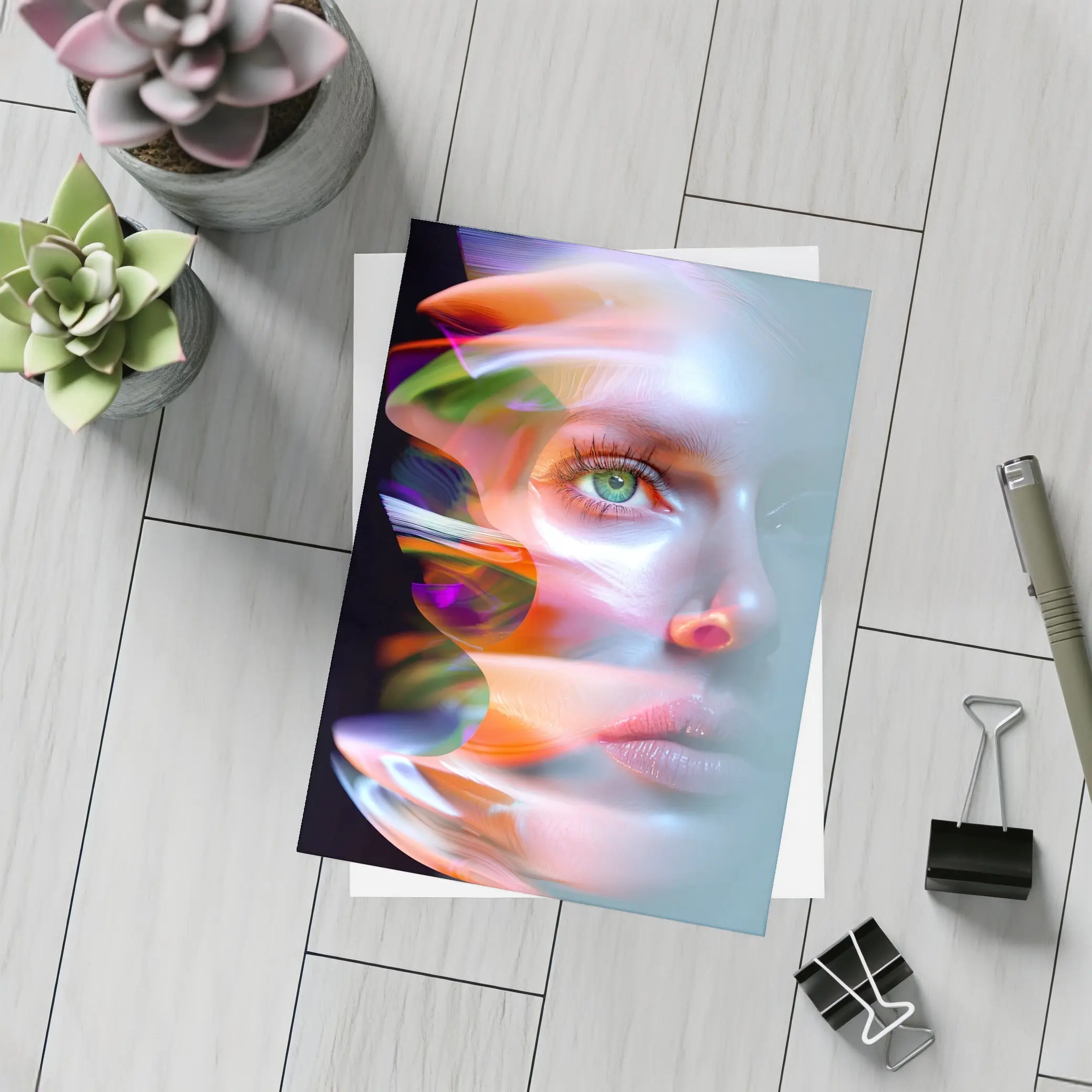Glitch Art Woman Face Colorful Abstract Portrait – Postcards