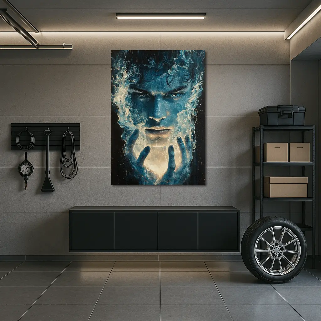 Dark Blue Mystic Man With Glowing Hands – Wall Art