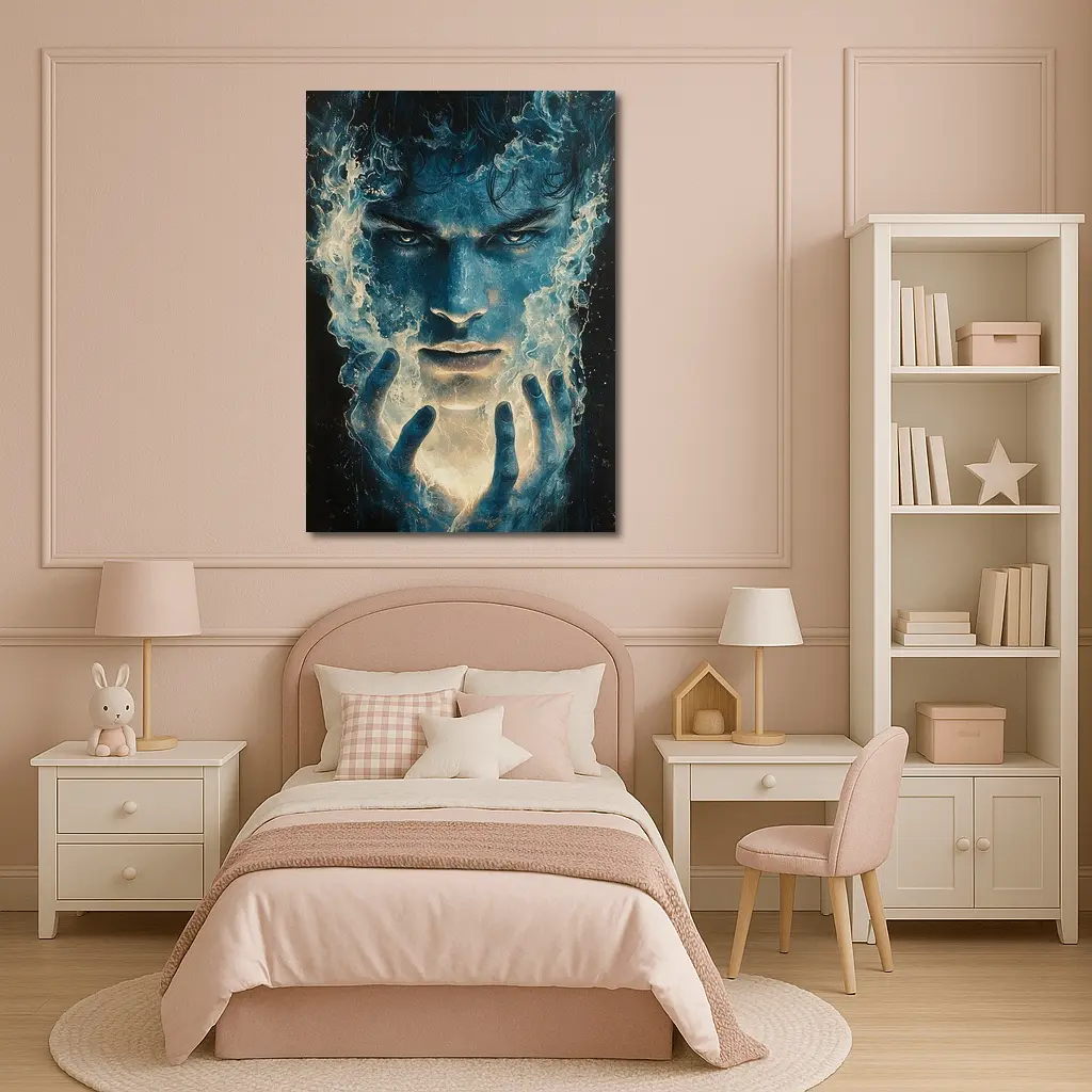 Dark Blue Mystic Man With Glowing Hands – Wall Art