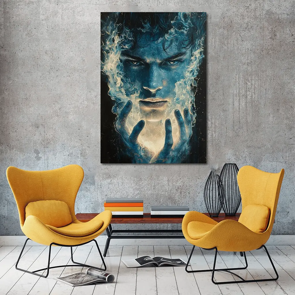 Dark Blue Mystic Man With Glowing Hands – Wall Art