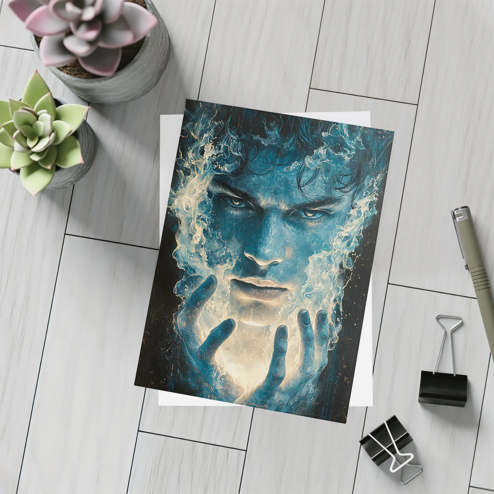 Dark Blue Mystic Man With Glowing Hands – Postcards