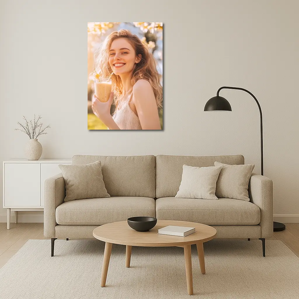 Smiling Woman Drinking Smoothie Sunny Garden – Wall Art