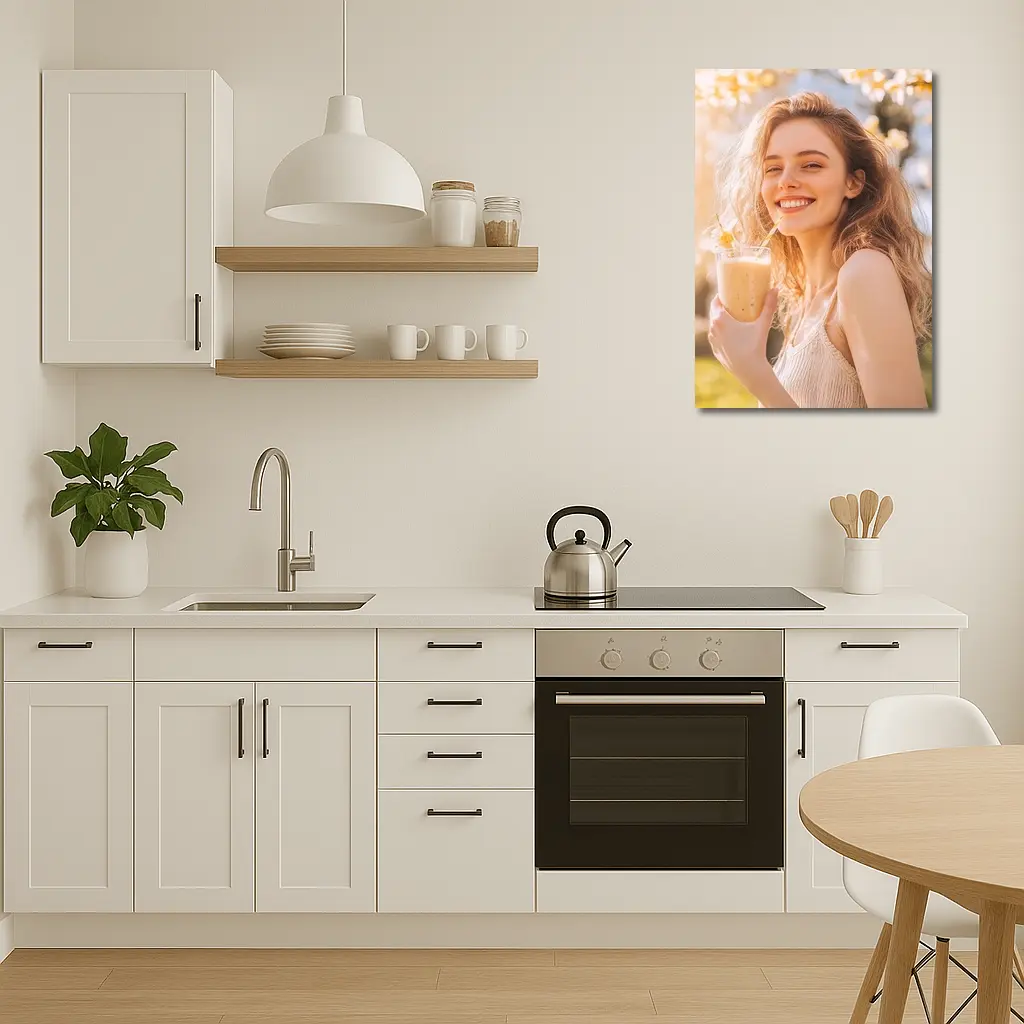 Smiling Woman Drinking Smoothie Sunny Garden – Wall Art