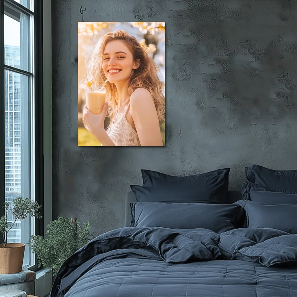 Smiling Woman Drinking Smoothie Sunny Garden – Wall Art