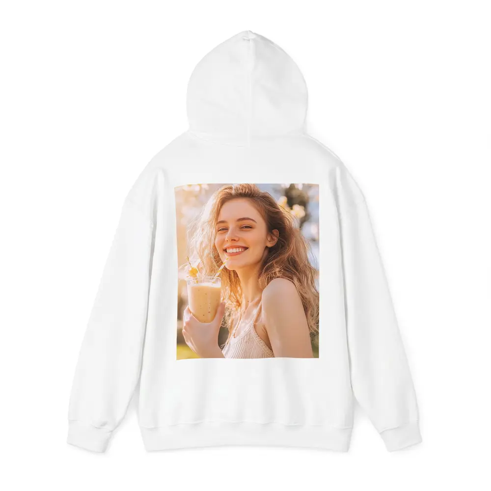 Smiling Woman Drinking Smoothie Sunny Garden – Hoodies
