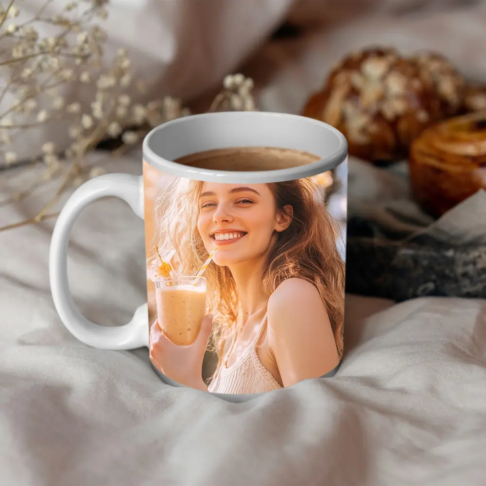 Smiling Woman Drinking Smoothie Sunny Garden – Mugs
