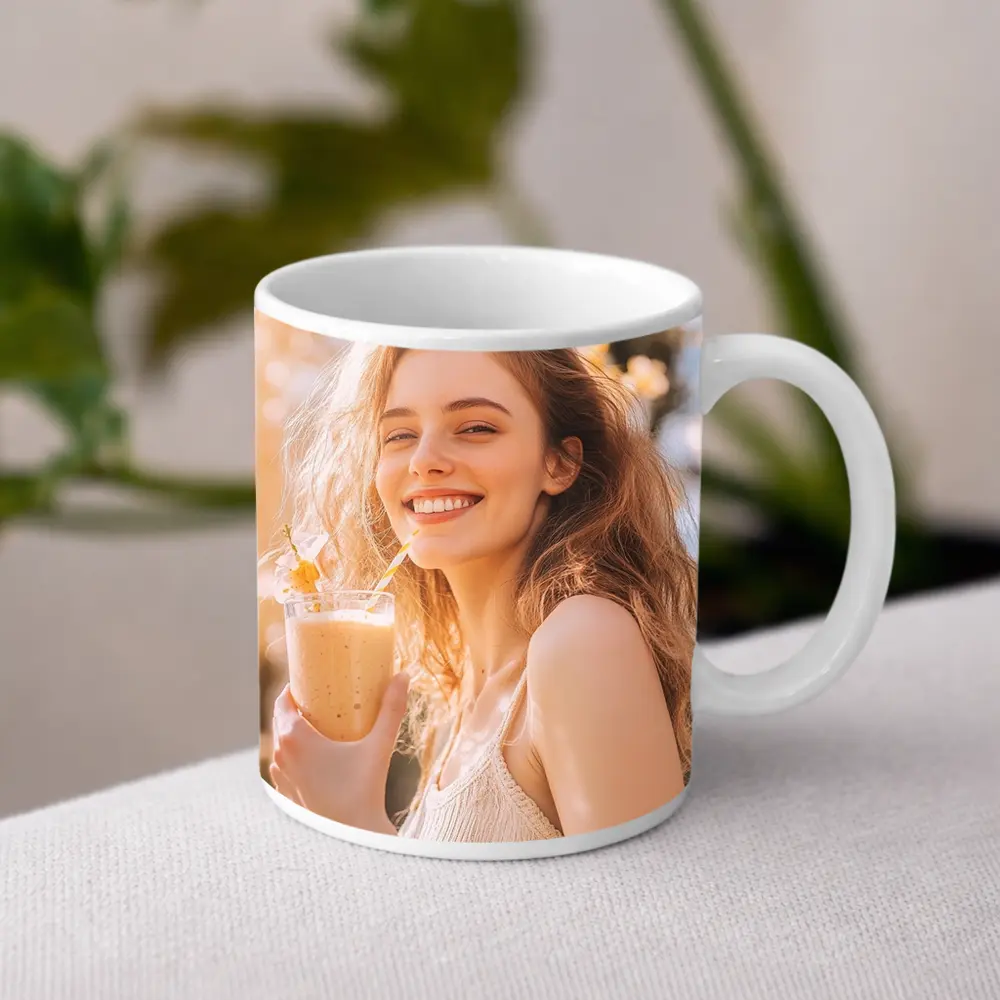 Smiling Woman Drinking Smoothie Sunny Garden – Mugs