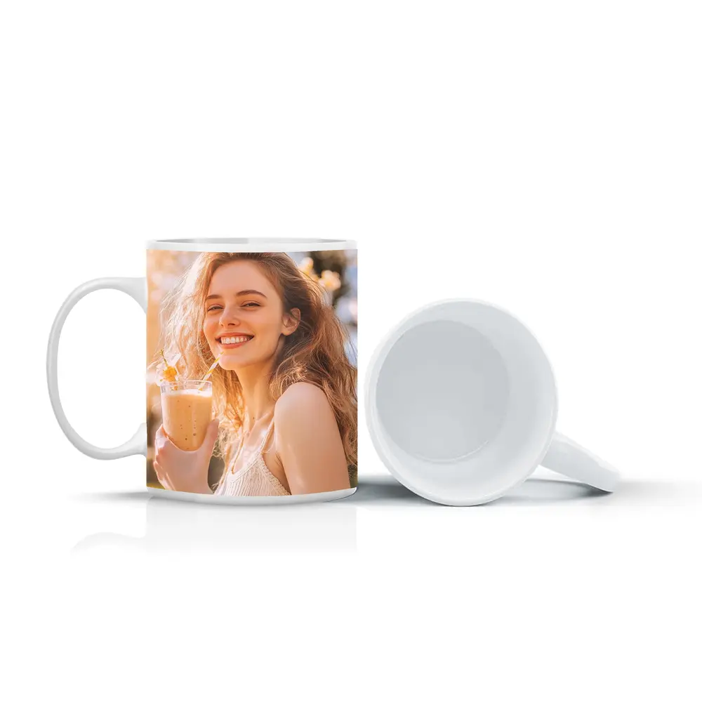 Smiling Woman Drinking Smoothie Sunny Garden – Mugs