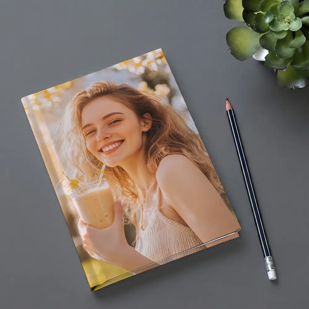 Smiling Woman Drinking Smoothie Sunny Garden – Notebooks