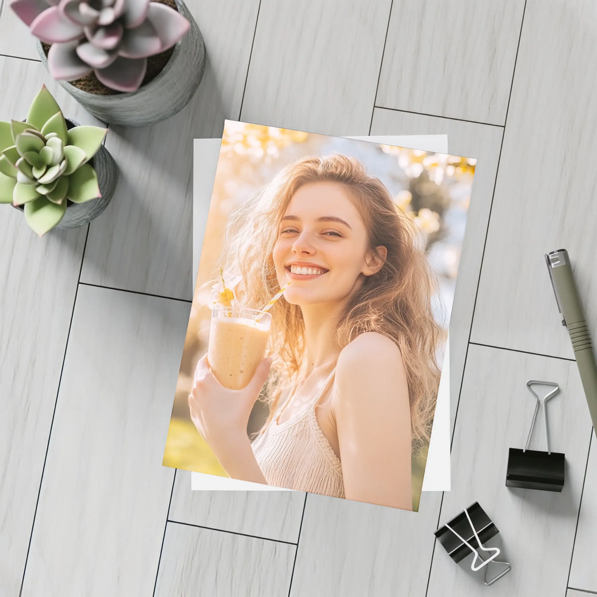 Smiling Woman Drinking Smoothie Sunny Garden – Postcards