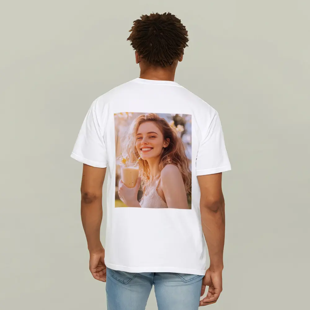 Smiling Woman Drinking Smoothie Sunny Garden – T-Shirts