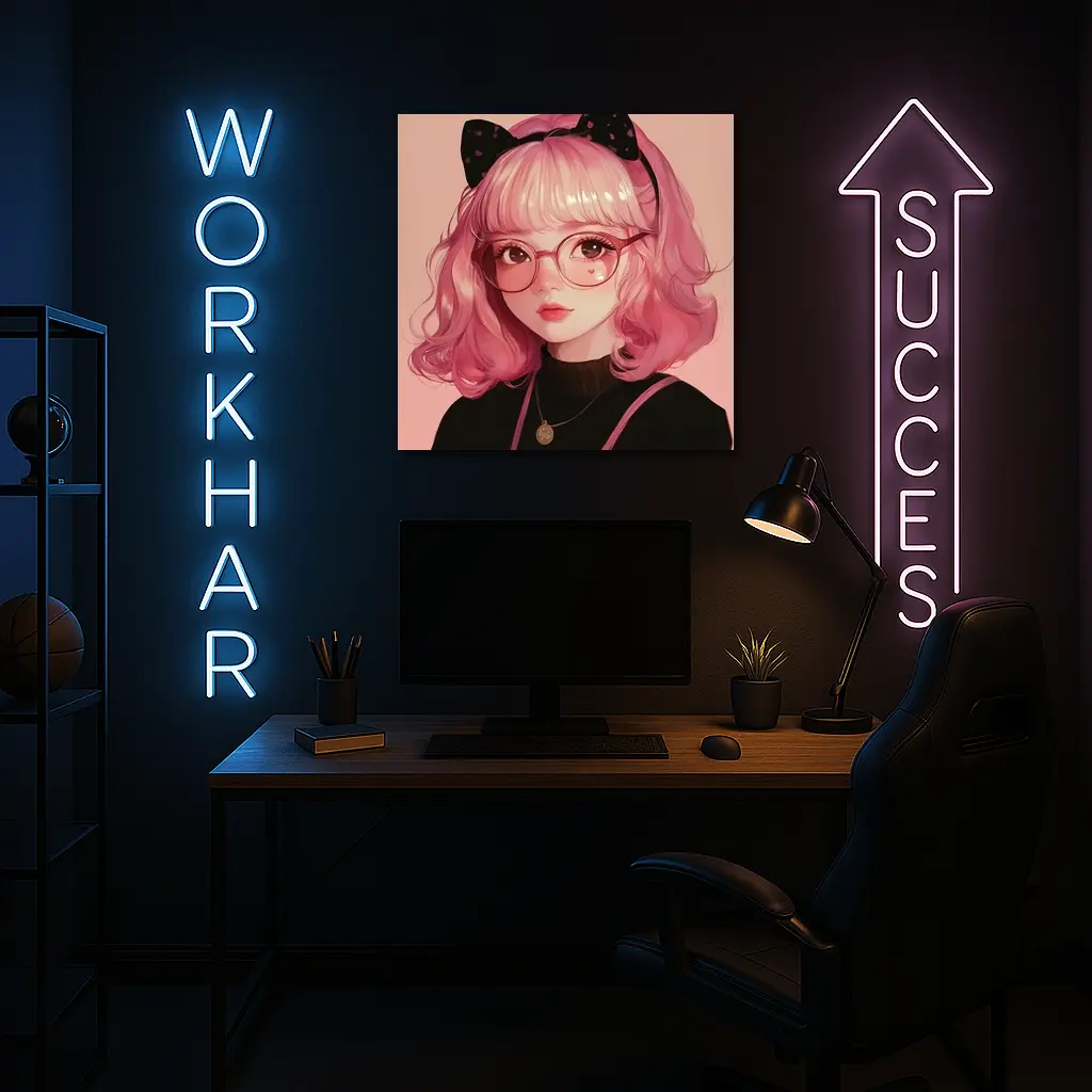 Pink Hair Anime Girl Black Bow Portrait – Wall Art