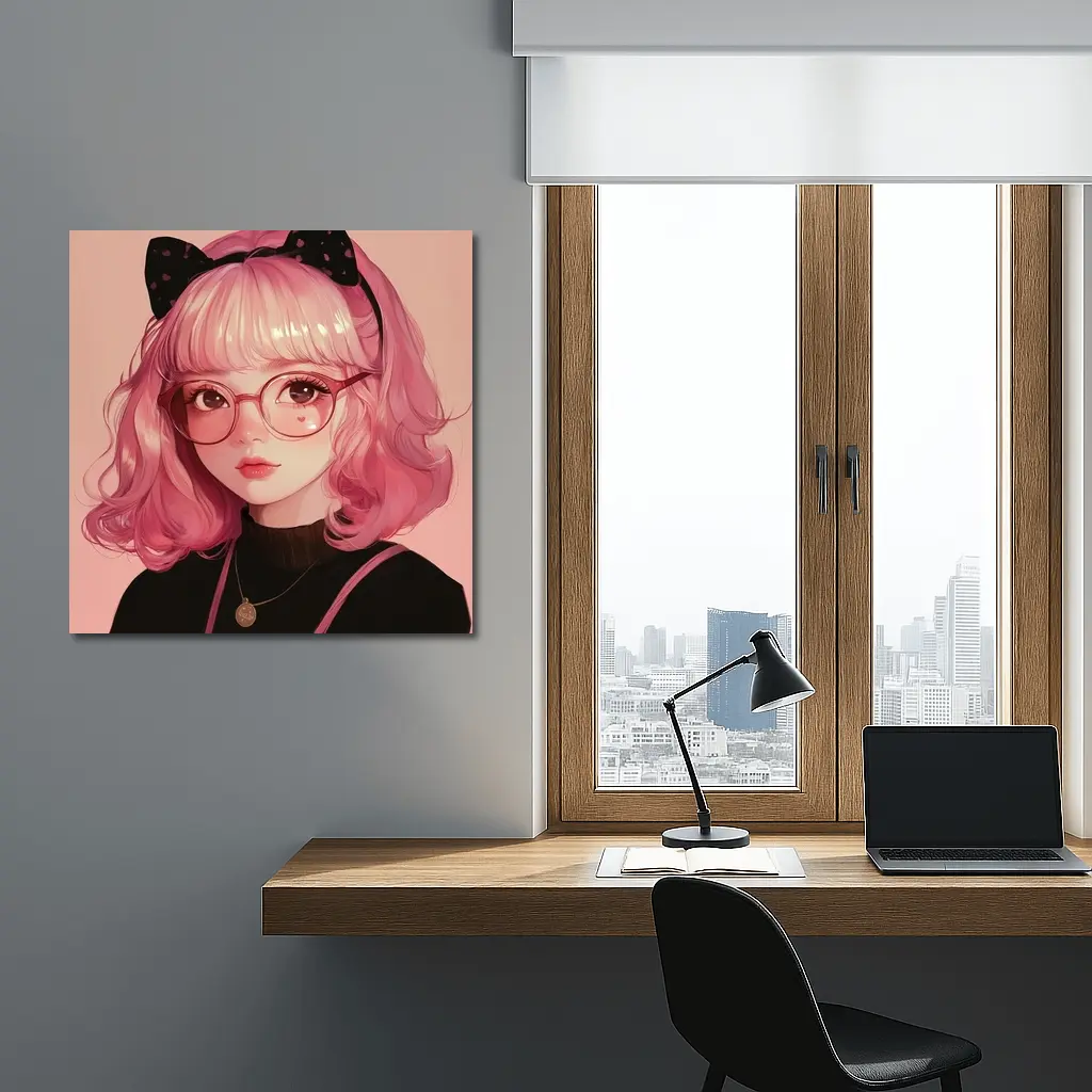 Pink Hair Anime Girl Black Bow Portrait – Wall Art