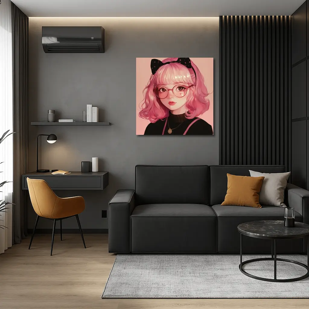 Pink Hair Anime Girl Black Bow Portrait – Wall Art