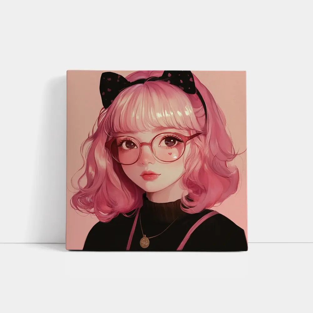 Pink Hair Anime Girl Black Bow Portrait – Wall Art