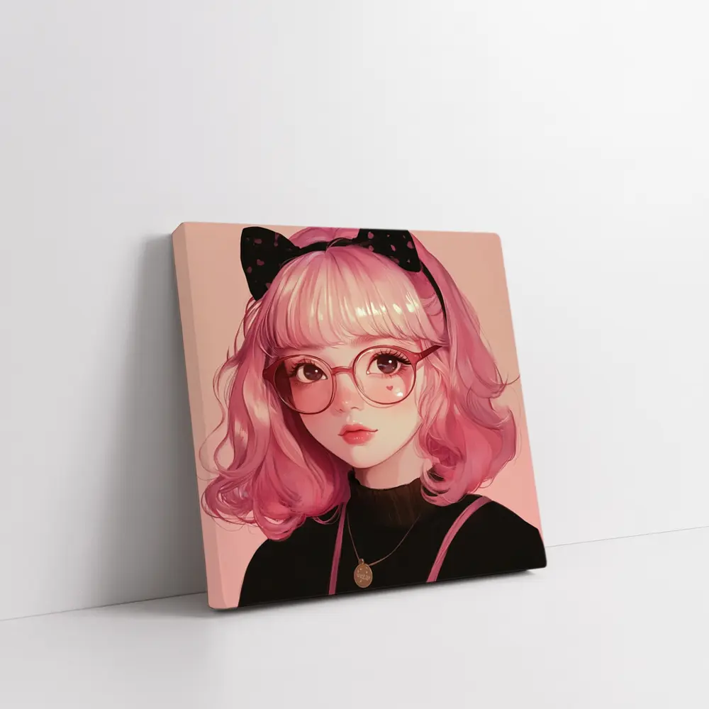 Pink Hair Anime Girl Black Bow Portrait – Wall Art