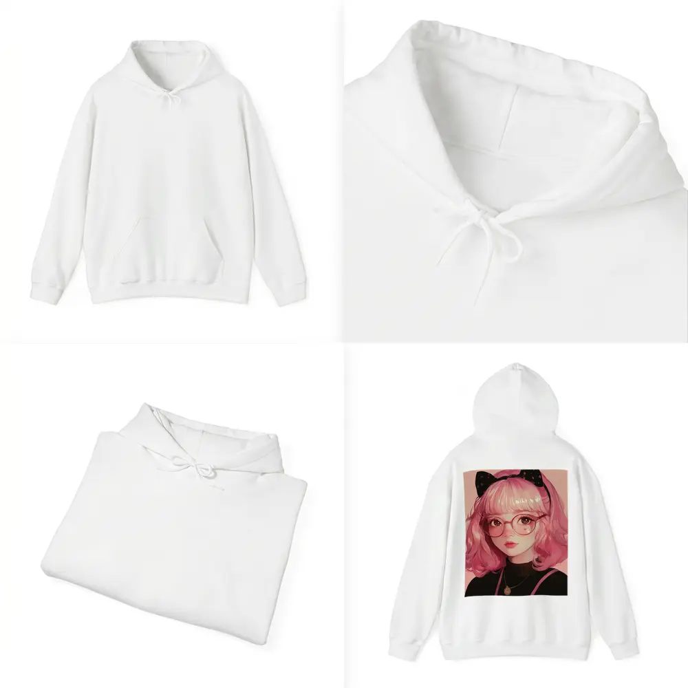 Pink Hair Anime Girl Black Bow Portrait – Hoodies
