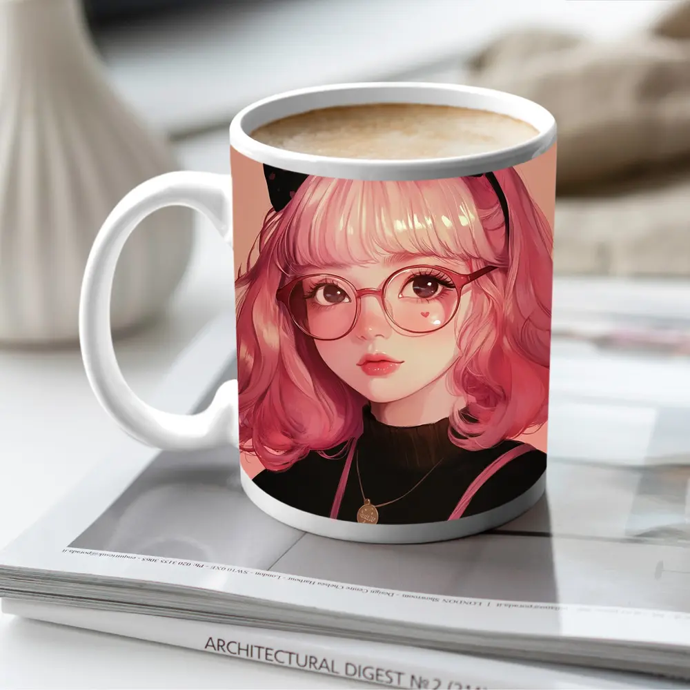 Pink Hair Anime Girl Black Bow Portrait – Mugs