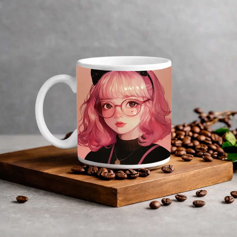 Pink Hair Anime Girl Black Bow Portrait – Mugs