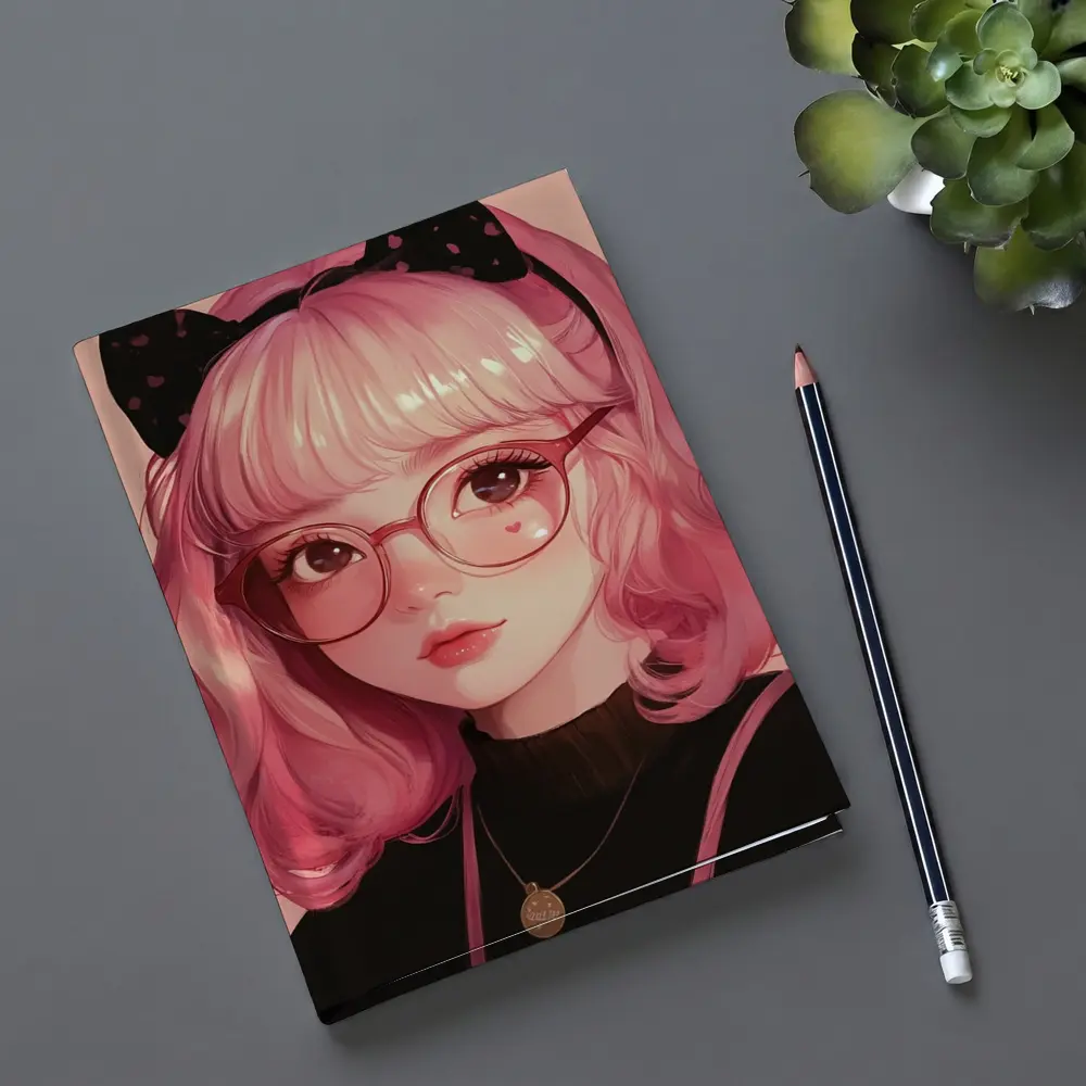 Pink Hair Anime Girl Black Bow Portrait – Notebooks