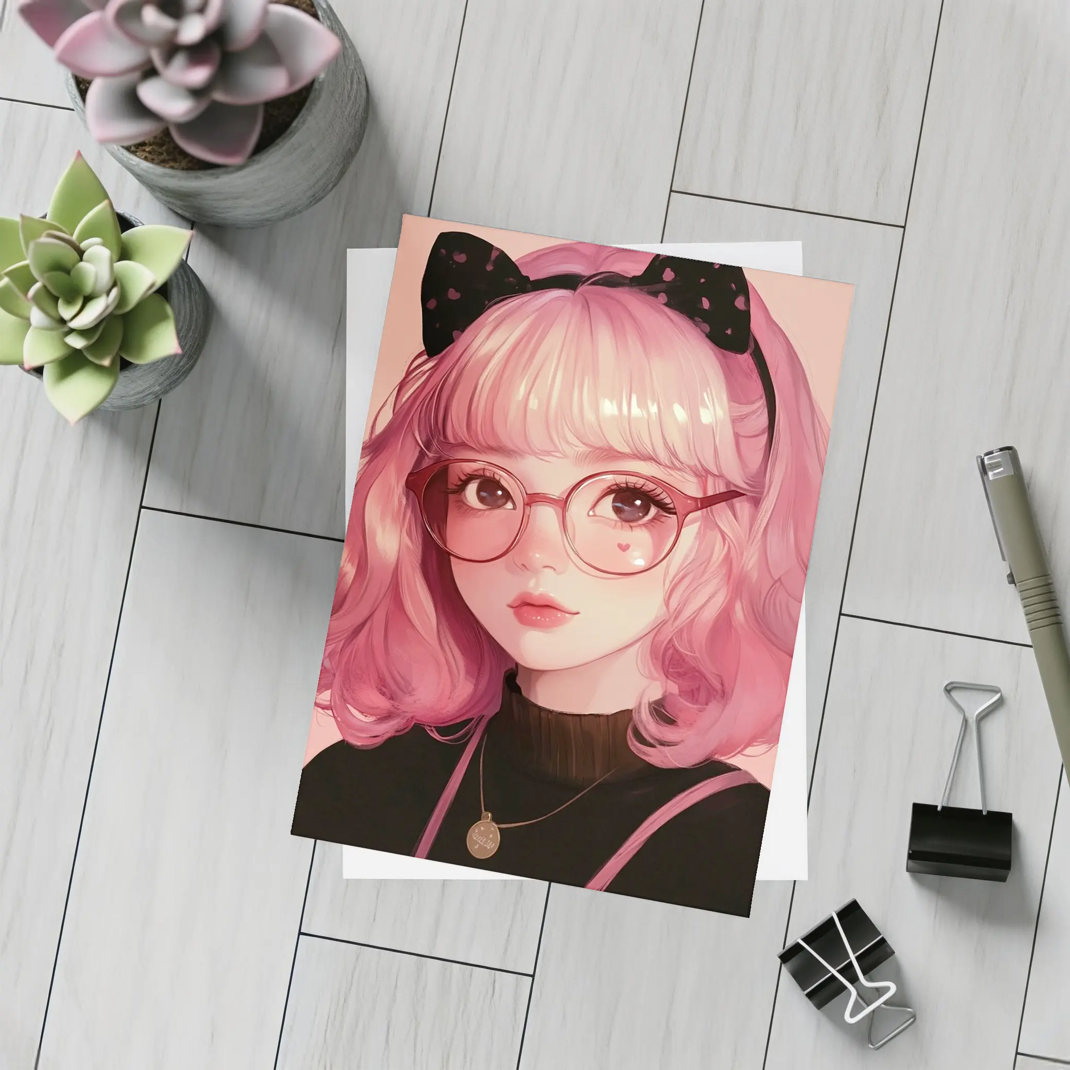 Pink Hair Anime Girl Black Bow Portrait – Postcards