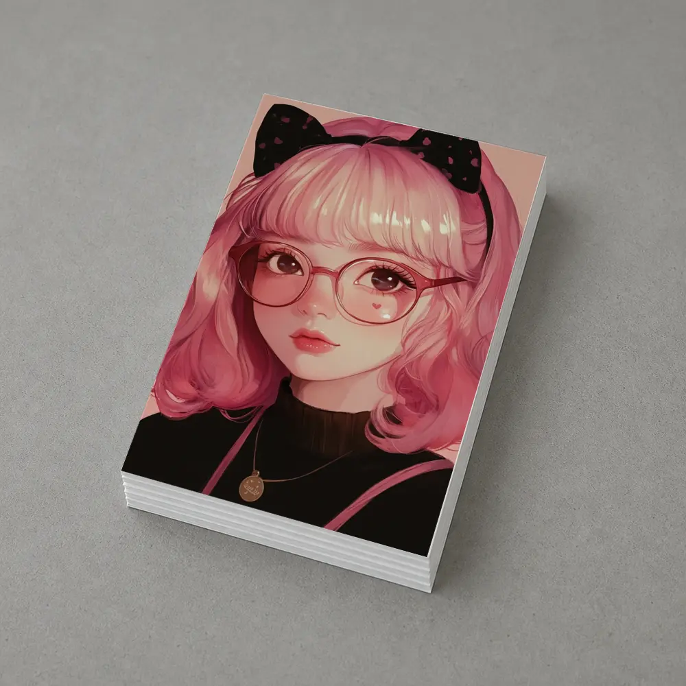 Pink Hair Anime Girl Black Bow Portrait – Postcards