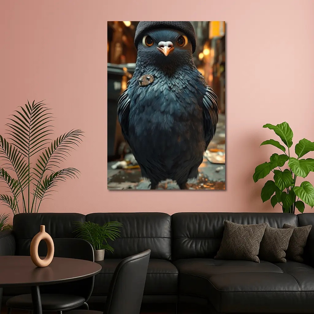 Street Pigeon Wearing Beanie Urban Alley – Wall Art