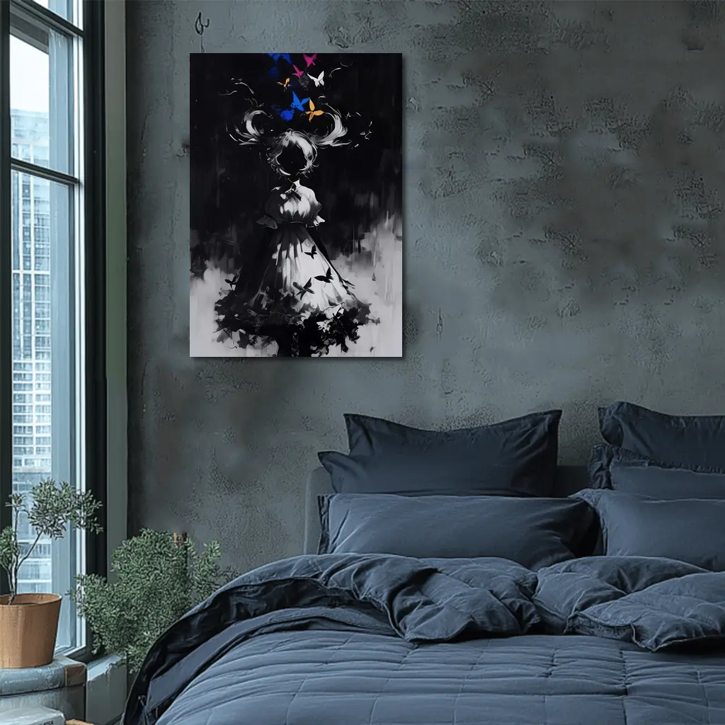 Dark Anime Girl Butterflies Black White Art – Wall Art