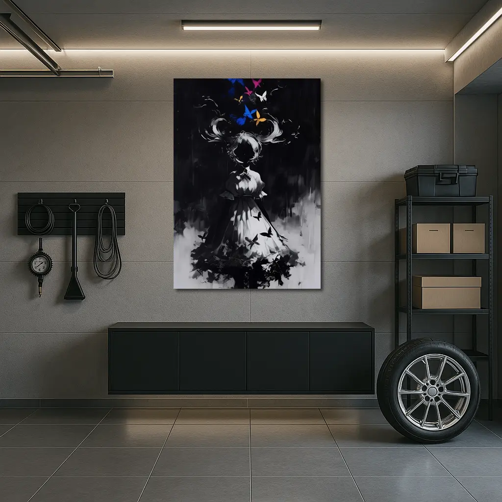 Dark Anime Girl Butterflies Black White Art – Wall Art
