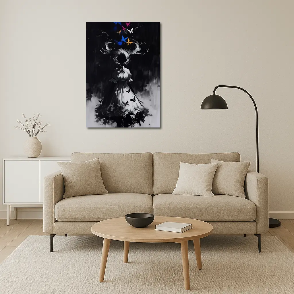 Dark Anime Girl Butterflies Black White Art – Wall Art